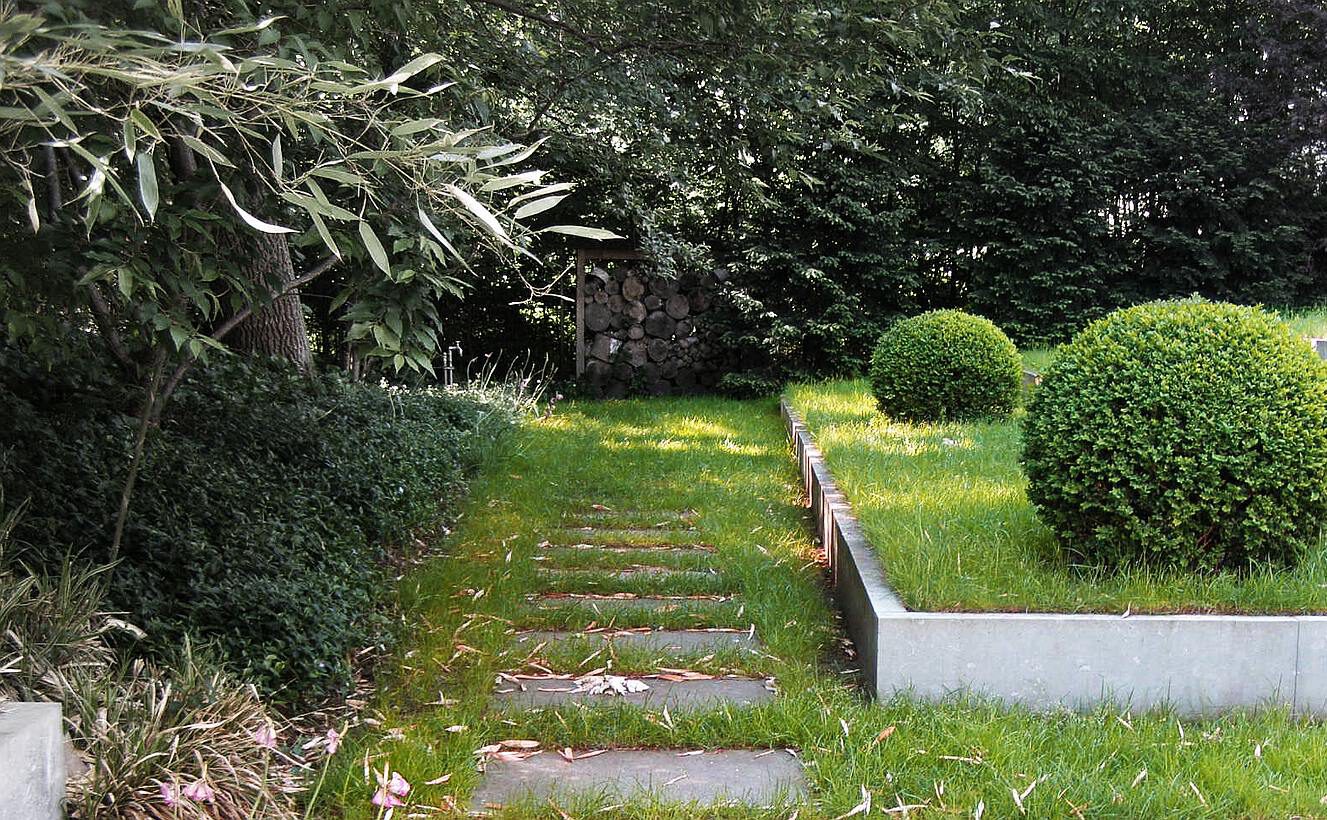 Ansicht Buchsbaumkugeln in abgestufter Rasenfläche neben Trittplatten im Rasen mit umgebender Bepflanzung